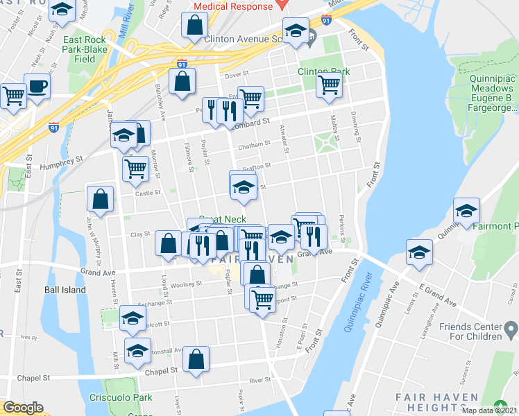 map of restaurants, bars, coffee shops, grocery stores, and more near 423 Ferry Street in New Haven