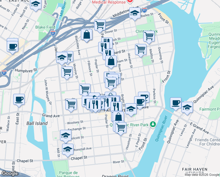 map of restaurants, bars, coffee shops, grocery stores, and more near 349 Poplar Street in New Haven
