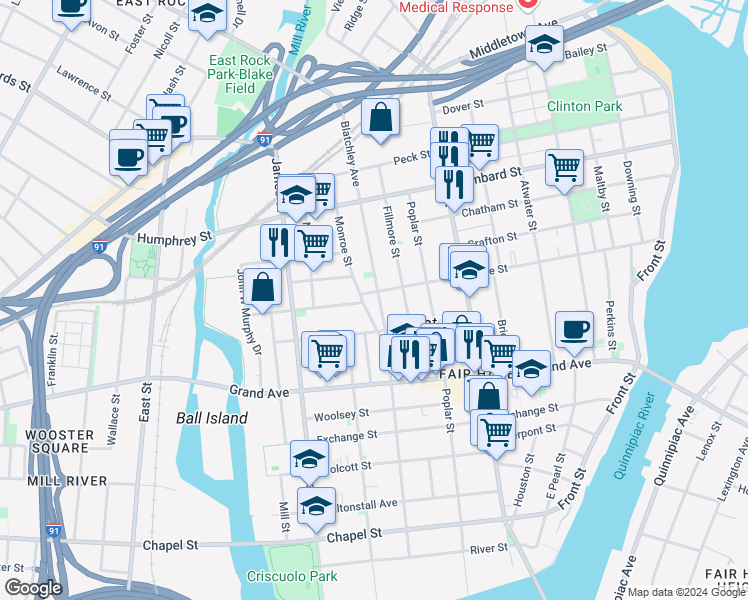 map of restaurants, bars, coffee shops, grocery stores, and more near 218 Pine Street in New Haven