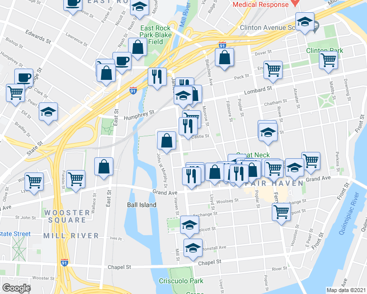 map of restaurants, bars, coffee shops, grocery stores, and more near 12 Main Street in New Haven
