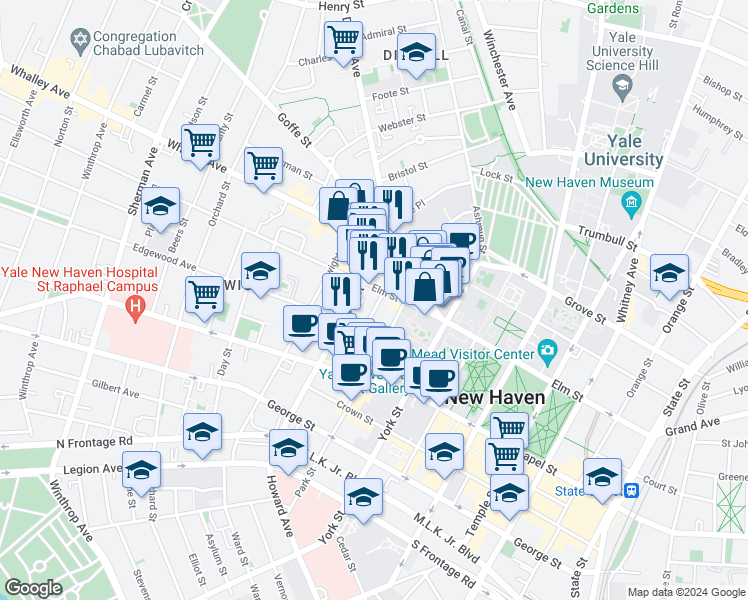 map of restaurants, bars, coffee shops, grocery stores, and more near 356 Elm Street in New Haven
