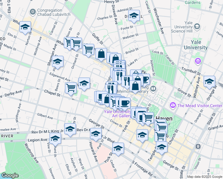 map of restaurants, bars, coffee shops, grocery stores, and more near 100 Howe Street in New Haven
