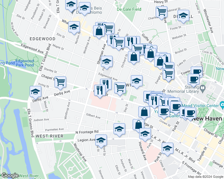 map of restaurants, bars, coffee shops, grocery stores, and more near 23 Beers Street in New Haven
