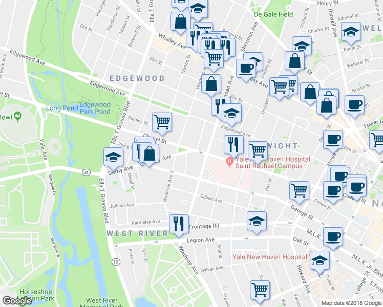 map of restaurants, bars, coffee shops, grocery stores, and more near 22 Derby Avenue in New Haven
