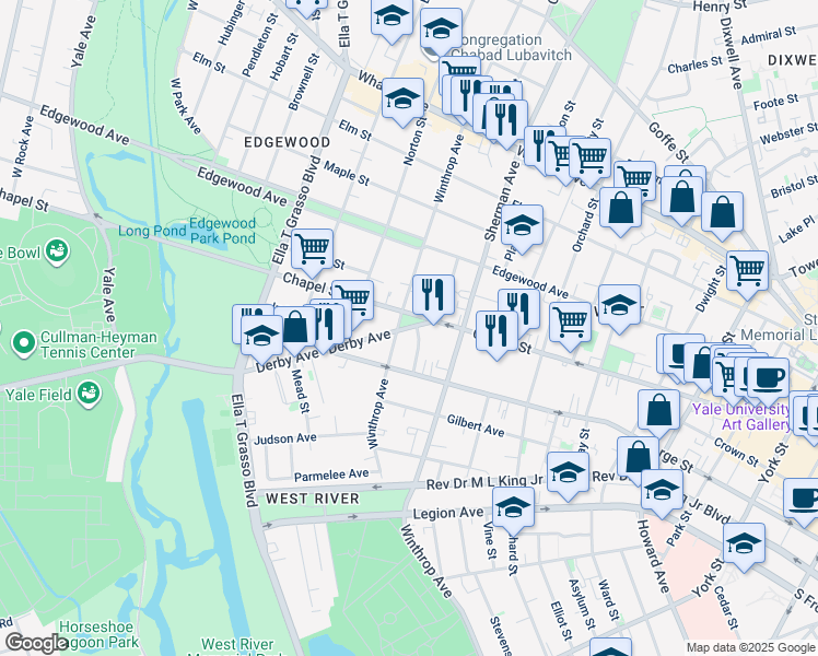 map of restaurants, bars, coffee shops, grocery stores, and more near 22 Derby Avenue in New Haven