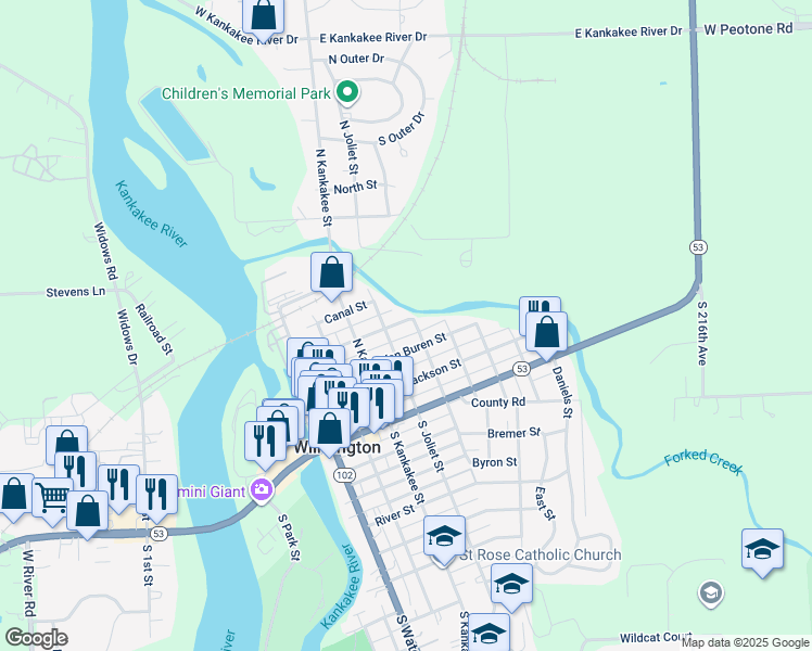 map of restaurants, bars, coffee shops, grocery stores, and more near 403 North Joliet Street in Wilmington