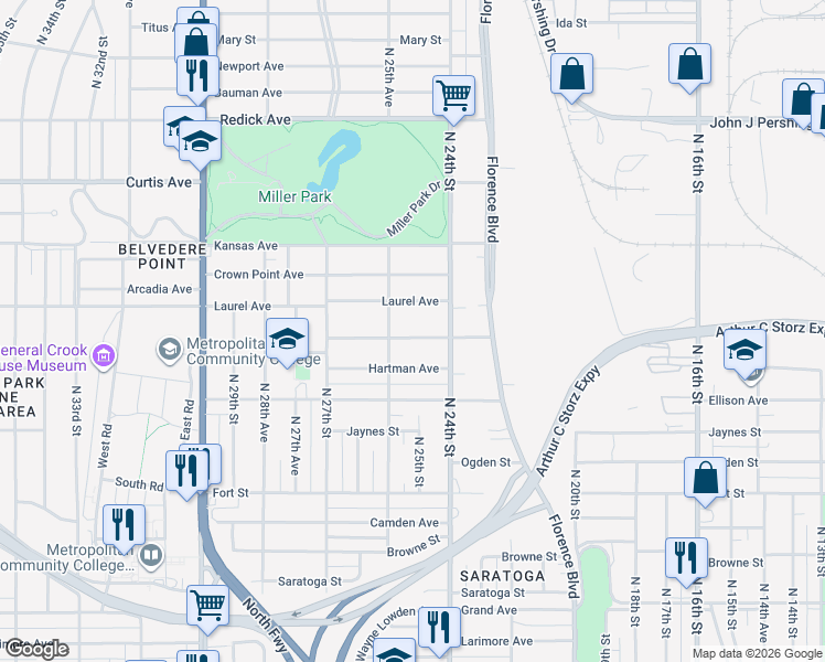 map of restaurants, bars, coffee shops, grocery stores, and more near 2450 Himebaugh Avenue in Omaha