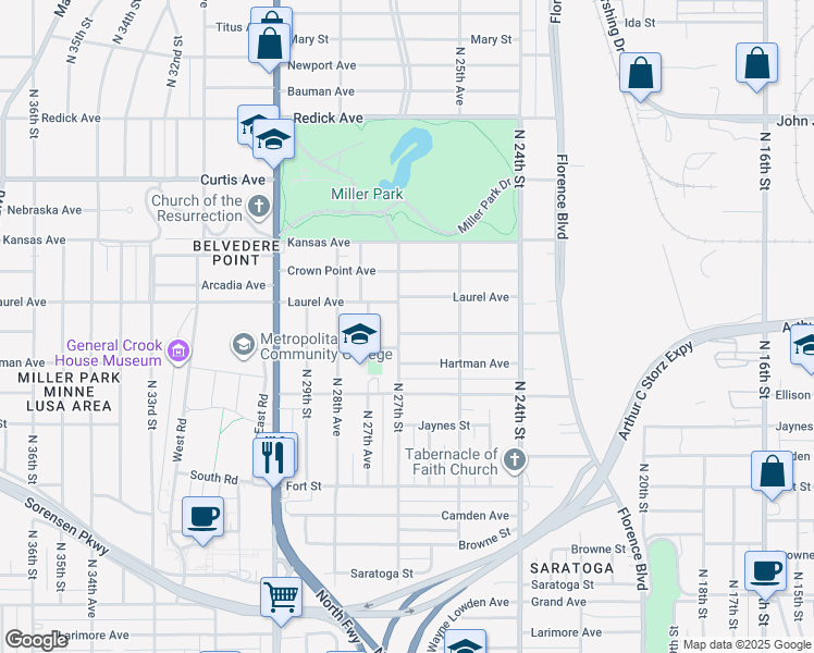 map of restaurants, bars, coffee shops, grocery stores, and more near 5810 North 27th Street in Omaha