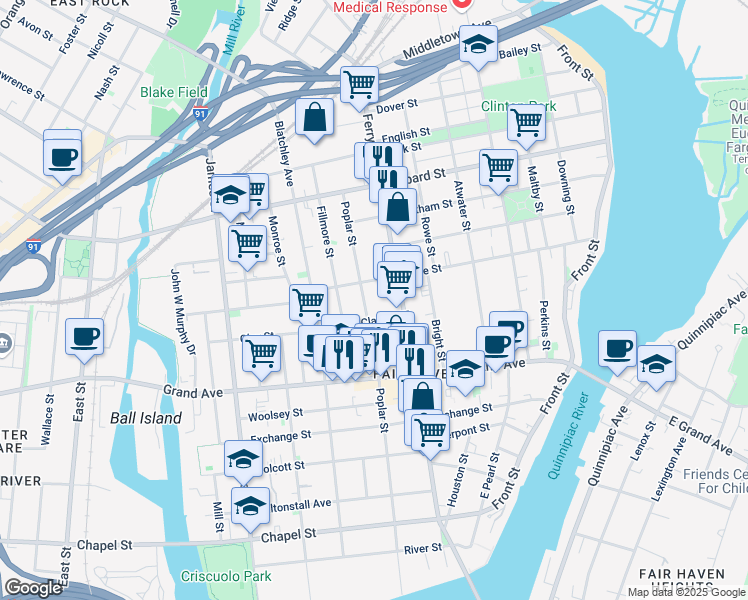 map of restaurants, bars, coffee shops, grocery stores, and more near 349 Poplar Street in New Haven