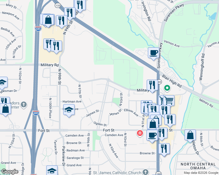 map of restaurants, bars, coffee shops, grocery stores, and more near 9375 Laurel Avenue in Omaha