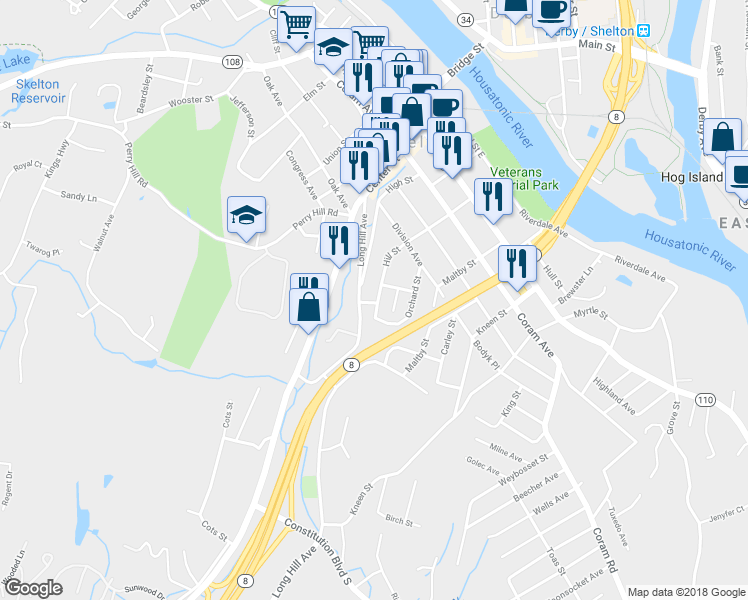 map of restaurants, bars, coffee shops, grocery stores, and more near 147 Hill Street in Shelton