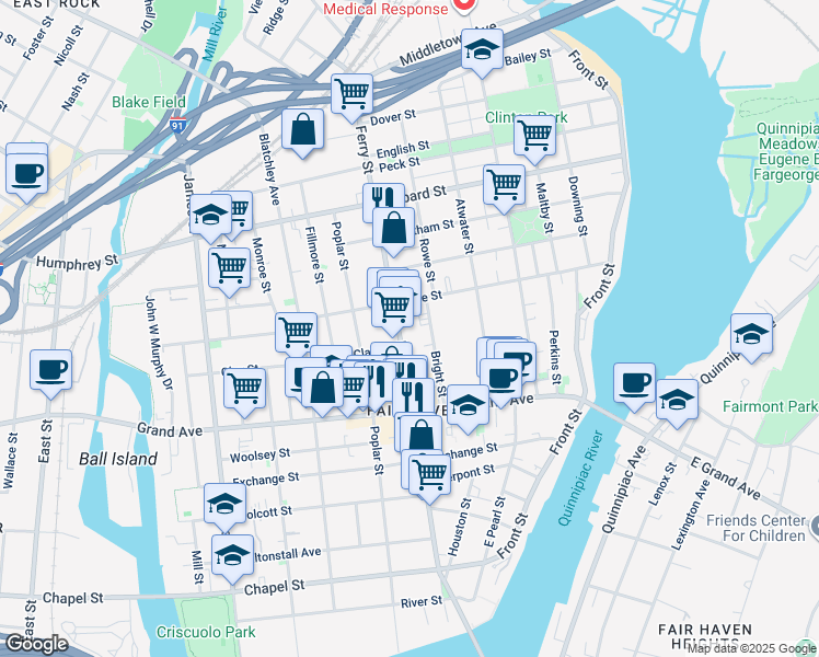 map of restaurants, bars, coffee shops, grocery stores, and more near 423 Ferry Street in New Haven
