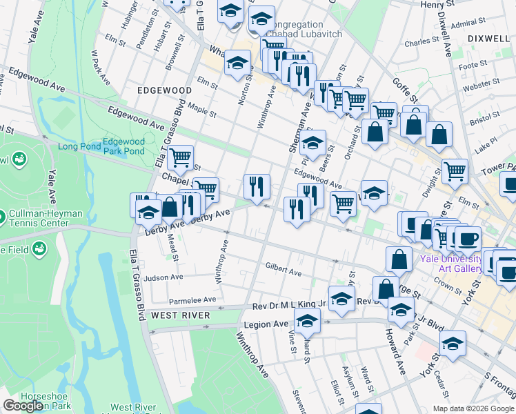 map of restaurants, bars, coffee shops, grocery stores, and more near 1475 Chapel Street in New Haven