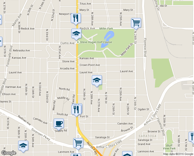 map of restaurants, bars, coffee shops, grocery stores, and more near 5822 North 27th Avenue in Omaha