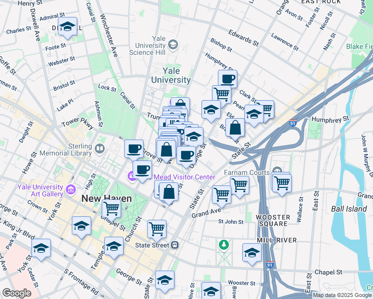 map of restaurants, bars, coffee shops, grocery stores, and more near 312 Audubon Court in New Haven
