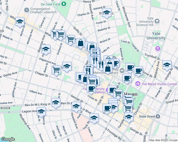 map of restaurants, bars, coffee shops, grocery stores, and more near 100 Howe Street in New Haven