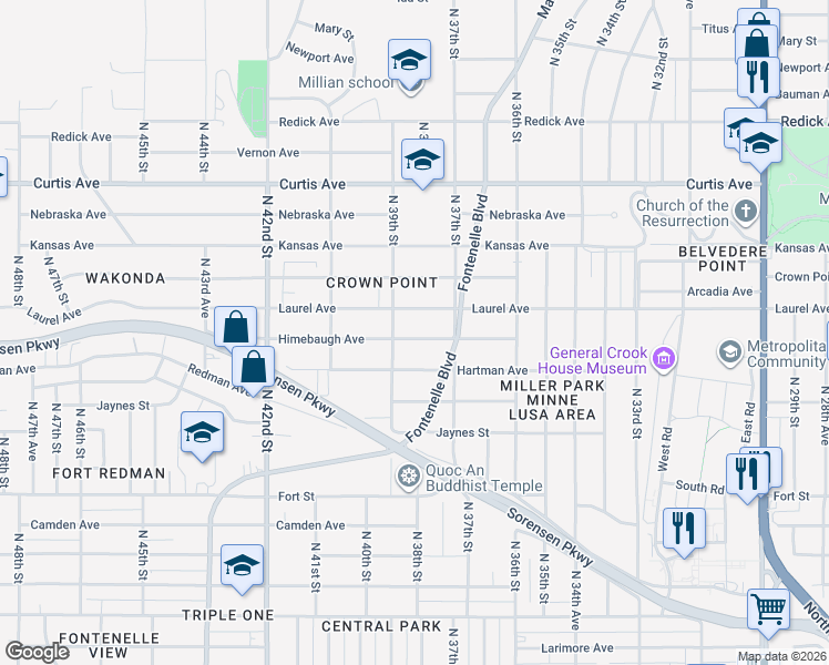 map of restaurants, bars, coffee shops, grocery stores, and more near 3734 Himebaugh Avenue in Omaha