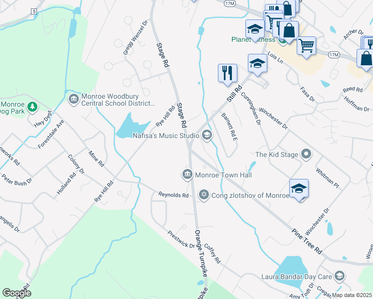 map of restaurants, bars, coffee shops, grocery stores, and more near 627 Stage Road in Monroe