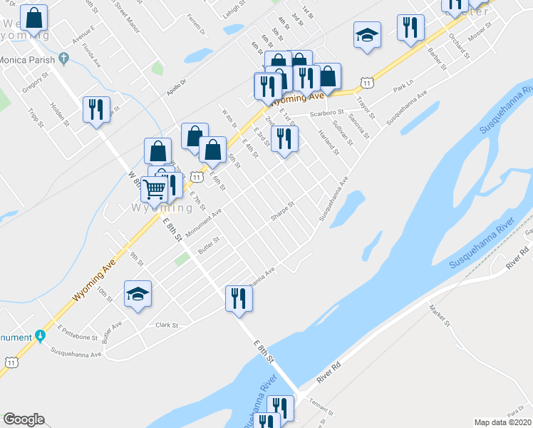 map of restaurants, bars, coffee shops, grocery stores, and more near 101 East 6th Street in Wyoming