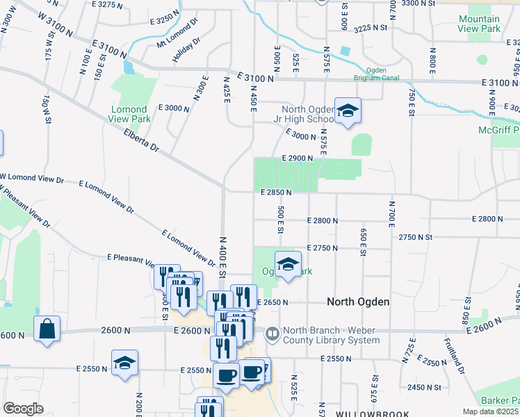 map of restaurants, bars, coffee shops, grocery stores, and more near 2820 North 450 East in Ogden