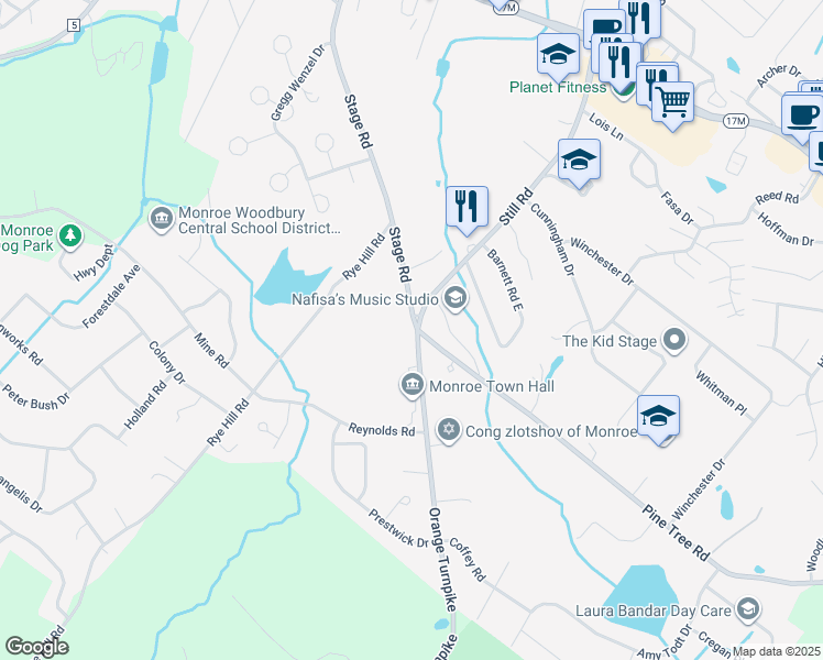 map of restaurants, bars, coffee shops, grocery stores, and more near 627 Stage Road in Monroe