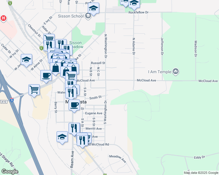 map of restaurants, bars, coffee shops, grocery stores, and more near 504 Eiler Road in Mount Shasta