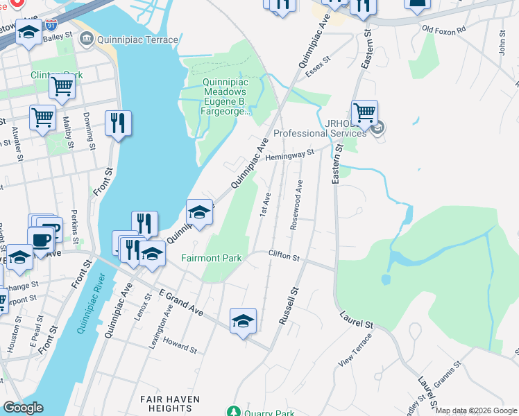 map of restaurants, bars, coffee shops, grocery stores, and more near 78 1st Avenue in New Haven