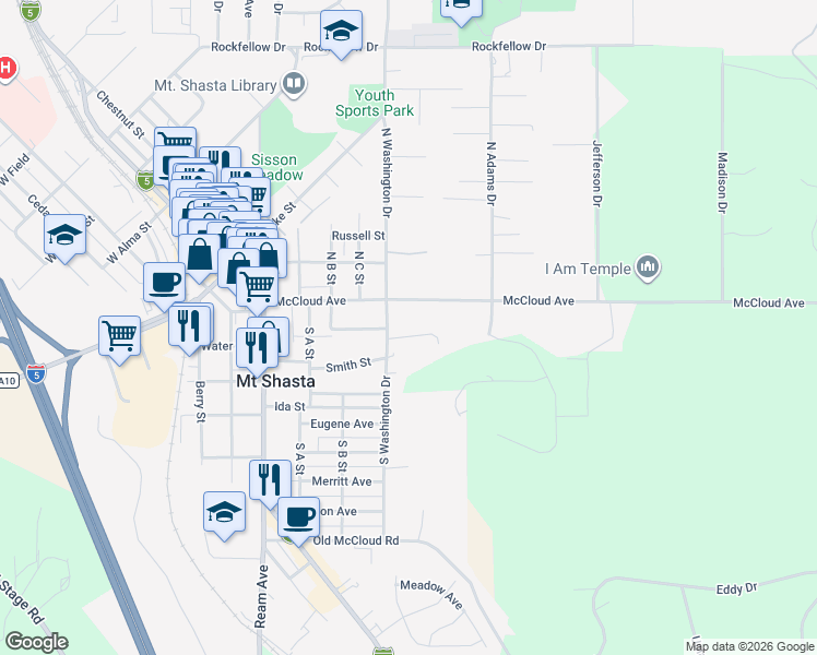 map of restaurants, bars, coffee shops, grocery stores, and more near 506 Eiler Road in Mount Shasta