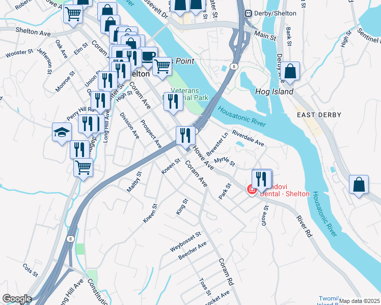map of restaurants, bars, coffee shops, grocery stores, and more near 10 Kneen Street in Shelton
