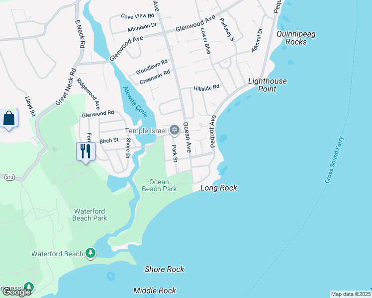 map of restaurants, bars, coffee shops, grocery stores, and more near 1127 Ocean Avenue in New London