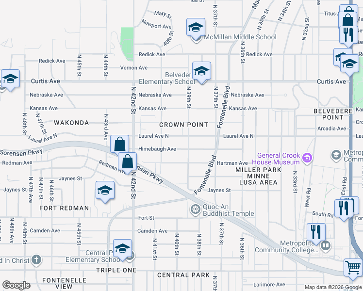 map of restaurants, bars, coffee shops, grocery stores, and more near 3910 Himebaugh Avenue in Omaha