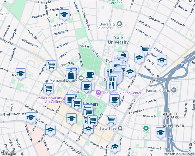 map of restaurants, bars, coffee shops, grocery stores, and more near 500 College Street in New Haven