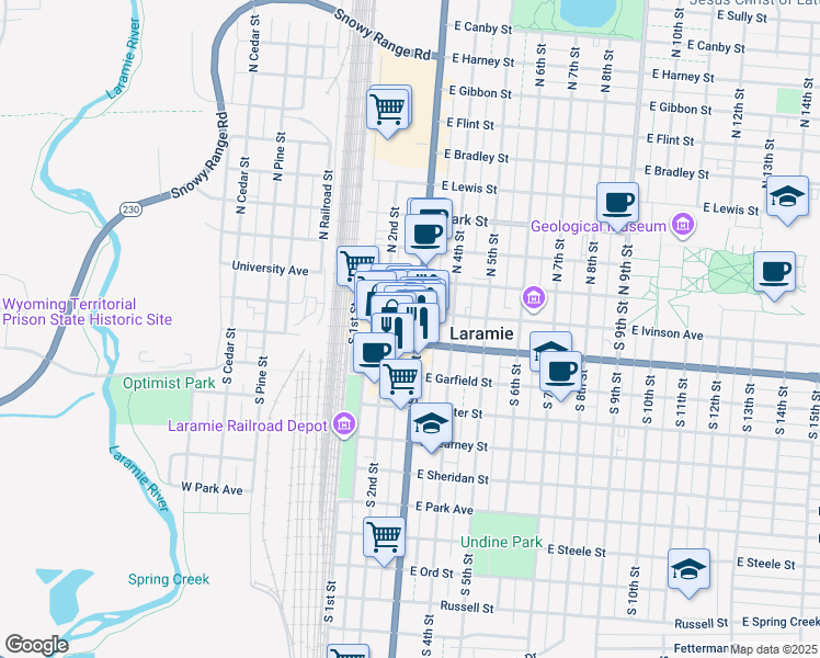 map of restaurants, bars, coffee shops, grocery stores, and more near 210 South 3rd Street in Laramie