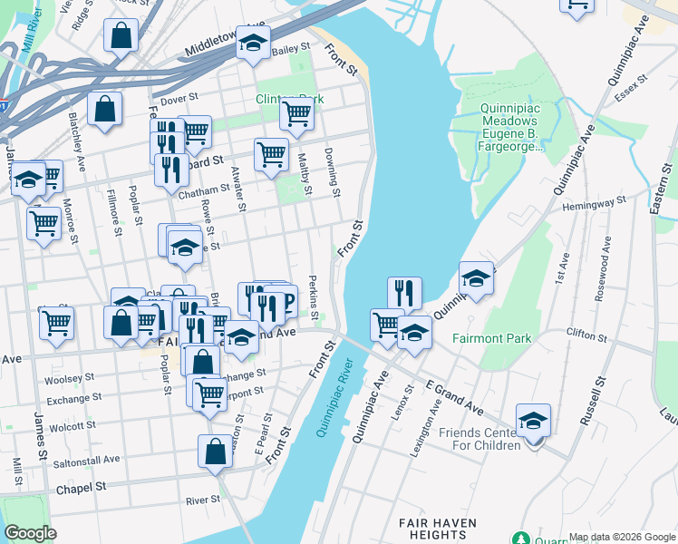 map of restaurants, bars, coffee shops, grocery stores, and more near 235 Front Street in New Haven