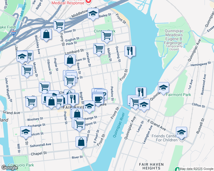 map of restaurants, bars, coffee shops, grocery stores, and more near 77 Clinton Avenue in New Haven