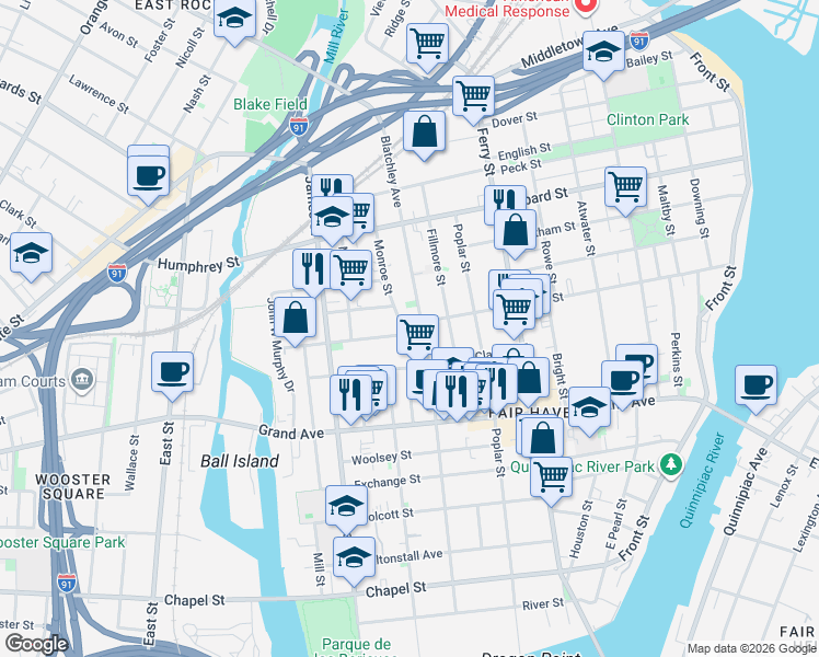 map of restaurants, bars, coffee shops, grocery stores, and more near 218 Pine Street in New Haven