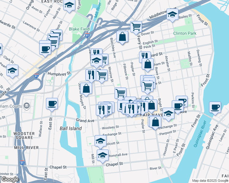 map of restaurants, bars, coffee shops, grocery stores, and more near 23 Market Street in New Haven