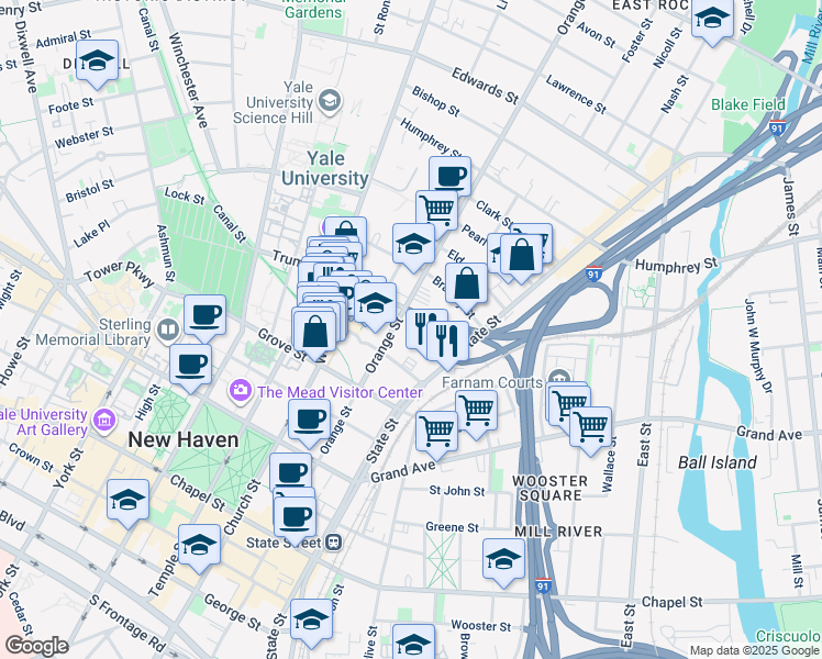 map of restaurants, bars, coffee shops, grocery stores, and more near 405 Orange Street in New Haven