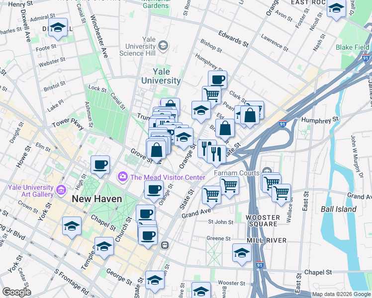 map of restaurants, bars, coffee shops, grocery stores, and more near 405 Orange Street in New Haven