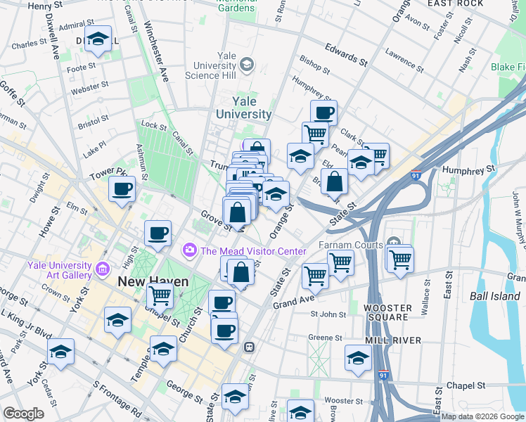 map of restaurants, bars, coffee shops, grocery stores, and more near 312 Audubon Court in New Haven