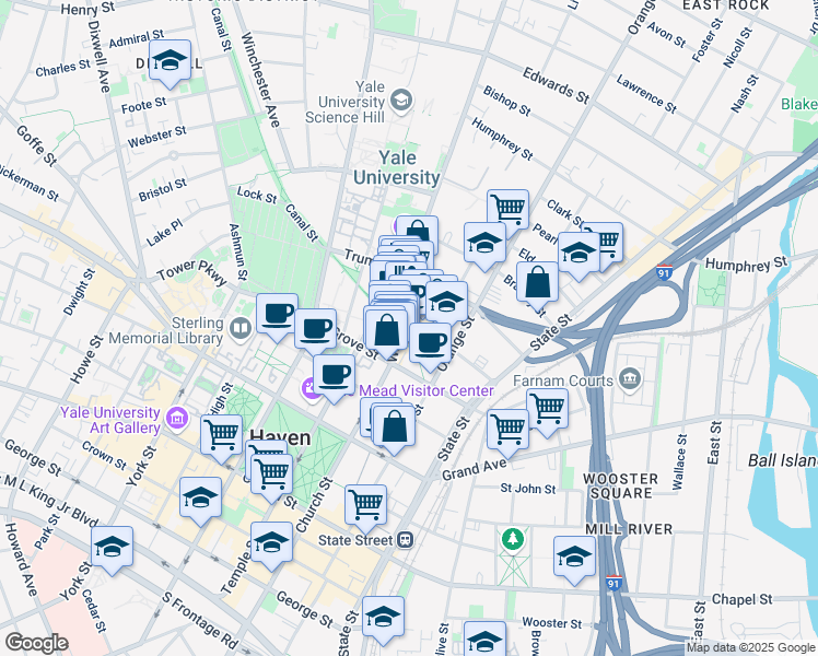 map of restaurants, bars, coffee shops, grocery stores, and more near 32 Whitney Avenue in New Haven