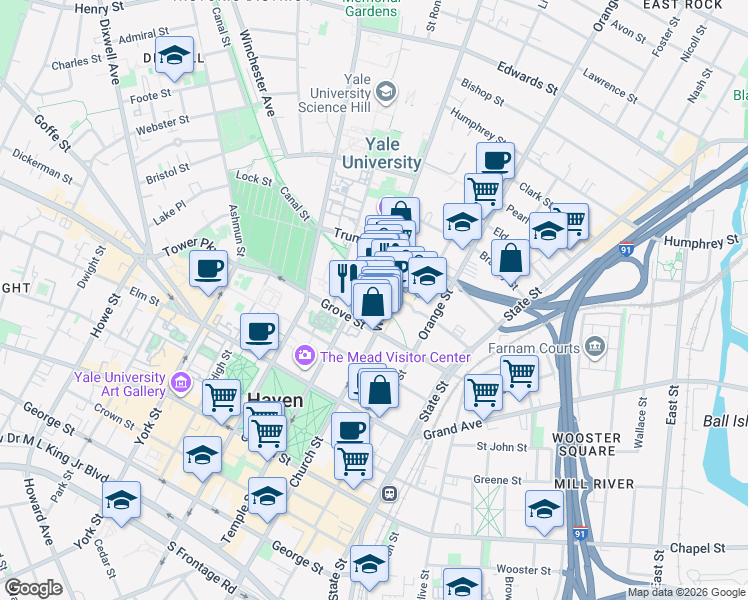 map of restaurants, bars, coffee shops, grocery stores, and more near 32 Whitney Avenue in New Haven