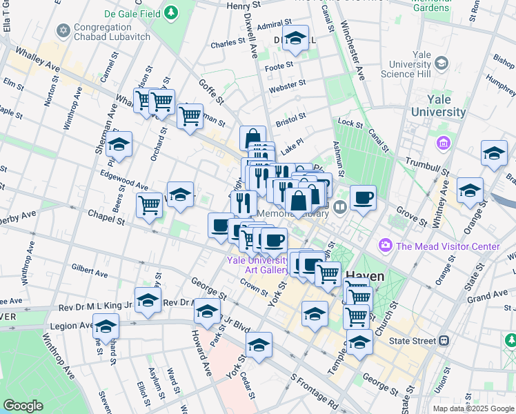 map of restaurants, bars, coffee shops, grocery stores, and more near 356 Elm Street in New Haven