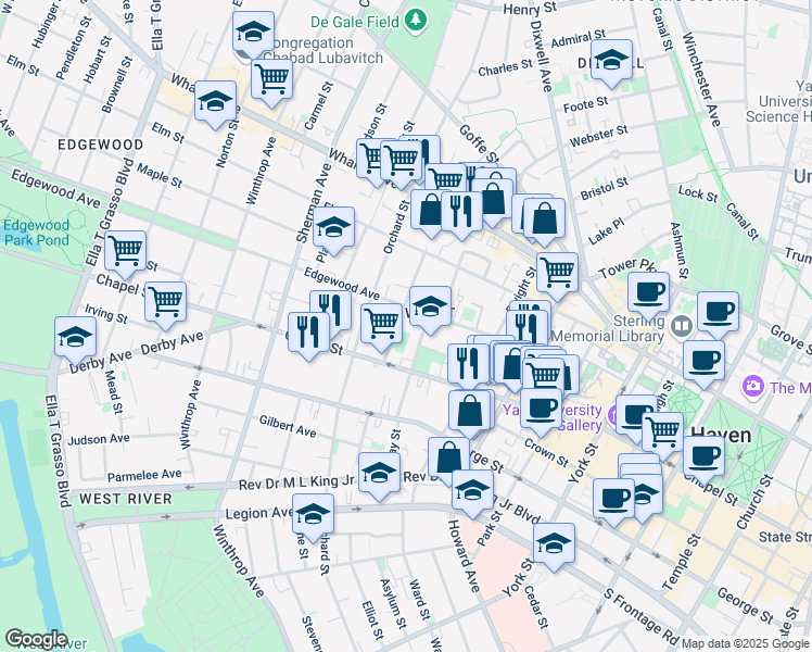 map of restaurants, bars, coffee shops, grocery stores, and more near 228 Day Street in New Haven