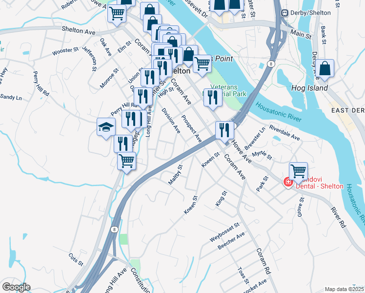 map of restaurants, bars, coffee shops, grocery stores, and more near 137 Division Avenue in Shelton