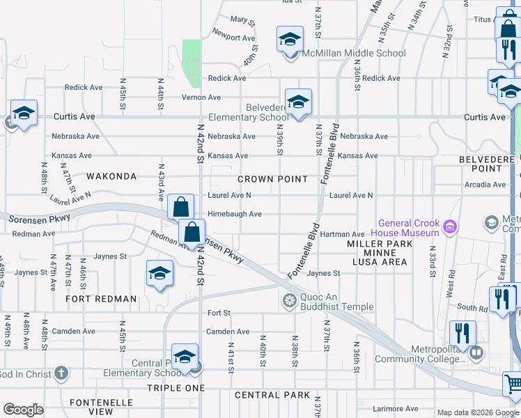 map of restaurants, bars, coffee shops, grocery stores, and more near 3910 Himebaugh Avenue in Omaha