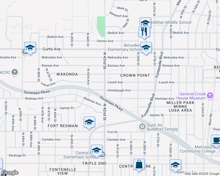 map of restaurants, bars, coffee shops, grocery stores, and more near 4024 Himebaugh Avenue in Omaha