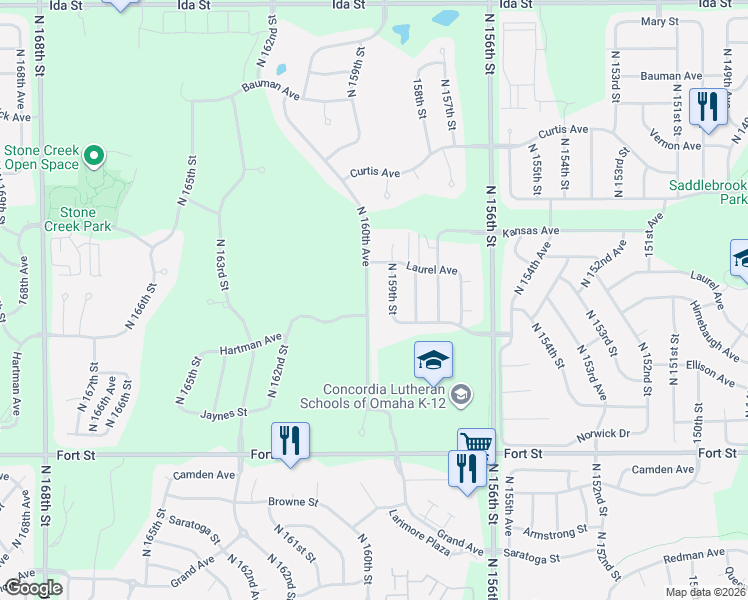 map of restaurants, bars, coffee shops, grocery stores, and more near 5717 North 160th Avenue in Omaha