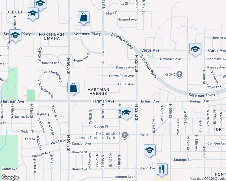 map of restaurants, bars, coffee shops, grocery stores, and more near 5424 Himebaugh Avenue in Omaha