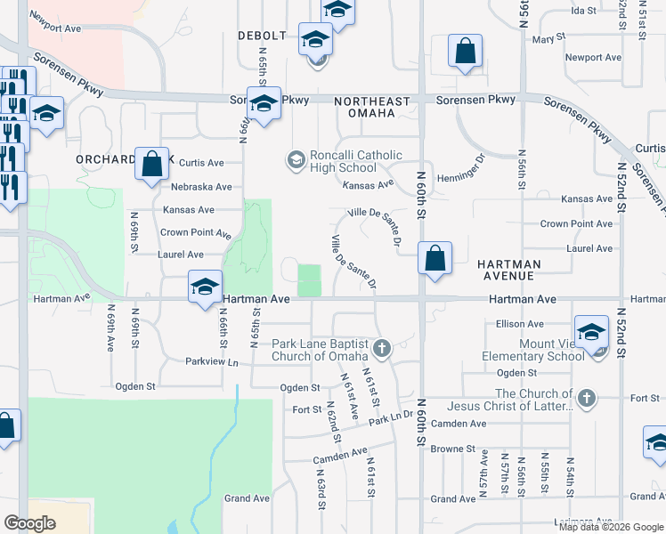map of restaurants, bars, coffee shops, grocery stores, and more near 5812 North 61st Avenue in Omaha